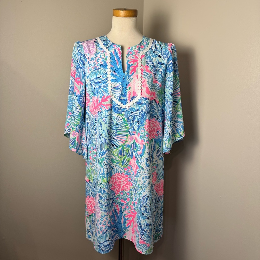 LILLY PULITZER Bright Coral Print Kimono Sleeve Midi Dress BLUE-PINK / SMALL